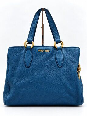 Miu Miu Blue Pebbled Leather Tote Shoulder Bag Gold Hardware